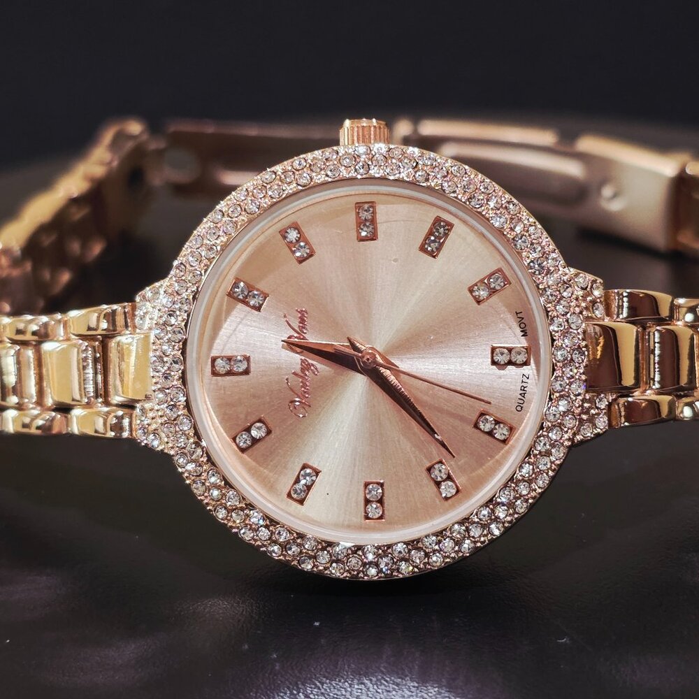 Voulez Vous Rose Gold Pink Crystal Accent Narrow Band Womens Wrist Watch New Bat
